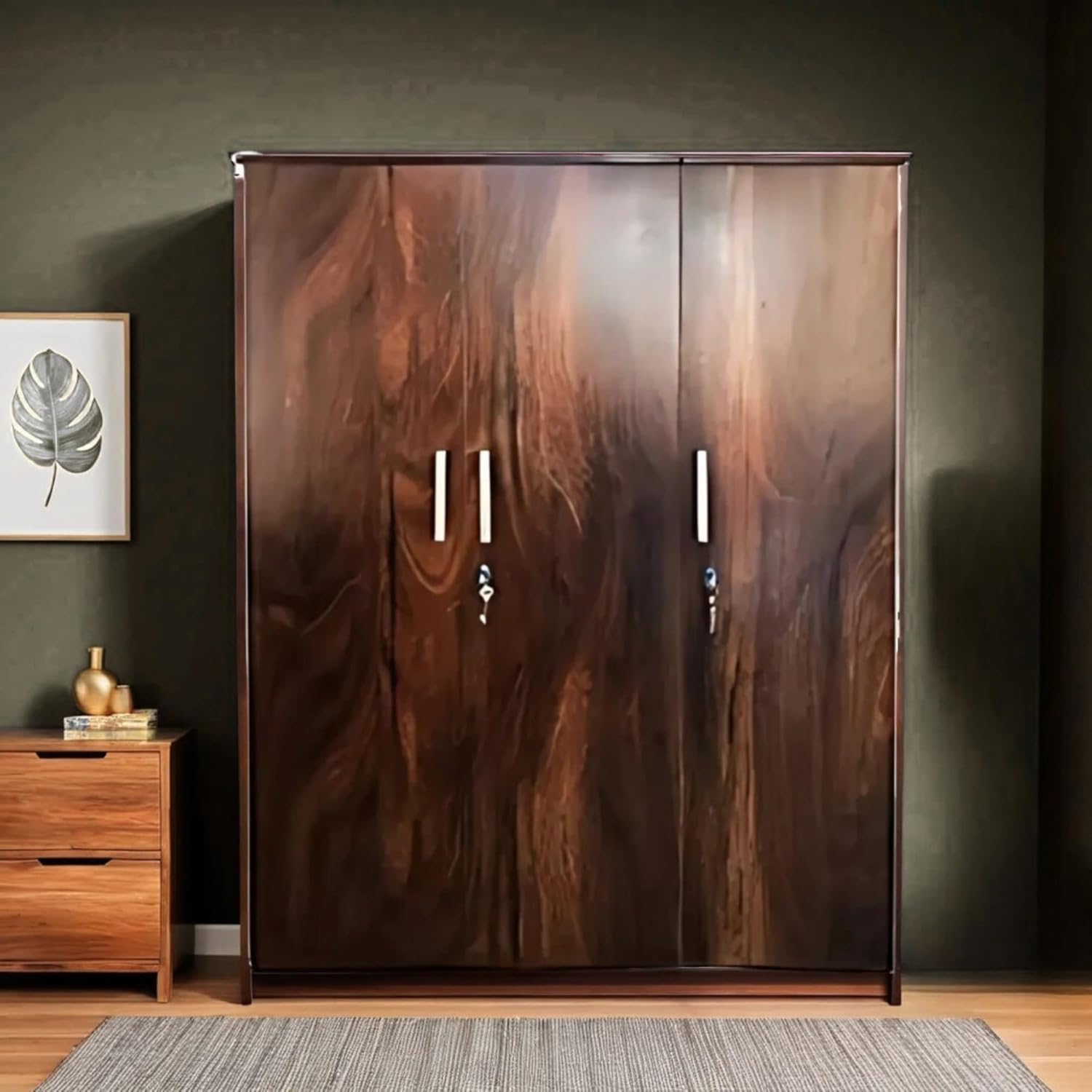 Wood Textured 3 Door Wardrobe with Locker, Drawers, Shelves and Hanging Space for Clothes | Wardrobe for Clothes