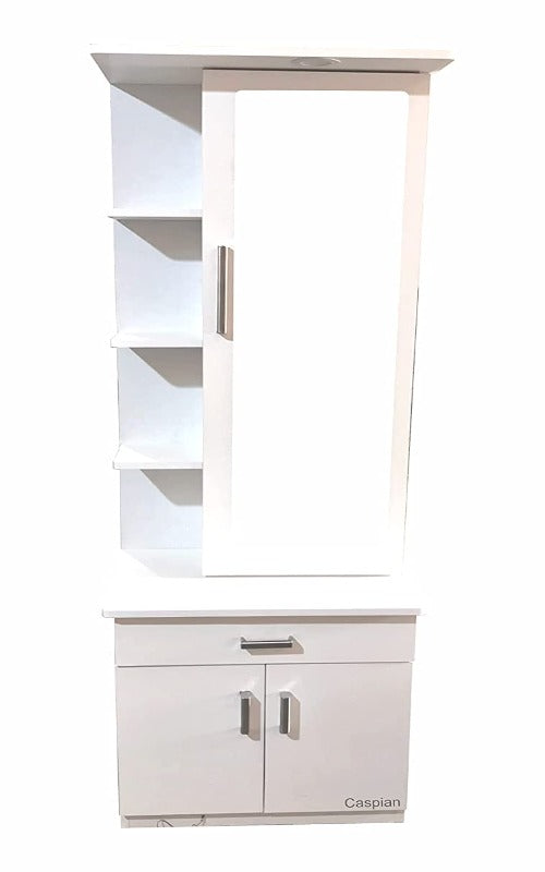 Engineered Wood Super White Colour Dressing Table with Mirror, Storage Shelves