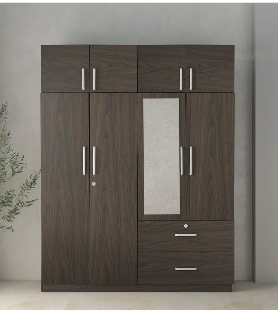 CASPIAN Furniture 4 Door Wardrobe for Bedroom with Loft and Mirror (Rainforest Dark) (Size 80 x 62 x 20 inches)