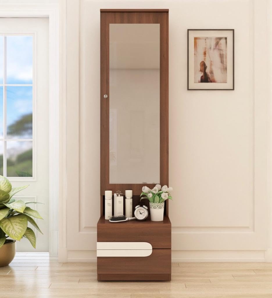 CASPIAN Furniture Engineered Wood Rainforest Brown & Frosty White (Handles) with Mirror 6 Shelves and 2 Drawers || Dressing Table || Makeup Table || Bedroom Organizer