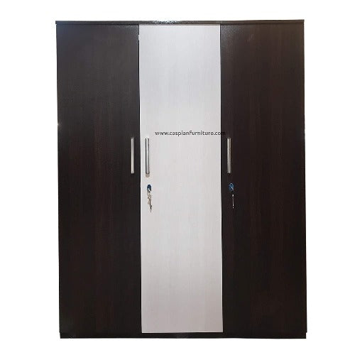 White and Walnut 3 Door Wardrobe with Drawers, Shelves and Hanging Space for Clothes