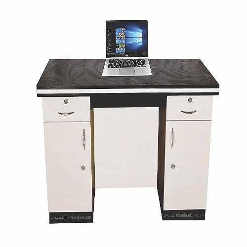 White and Coffee Brown Engineered Wood Study Table/Office Desk | Office Table with 2 Drawers, Keypad and Storage Cupboard | Size 48 x 30 x 24 inches