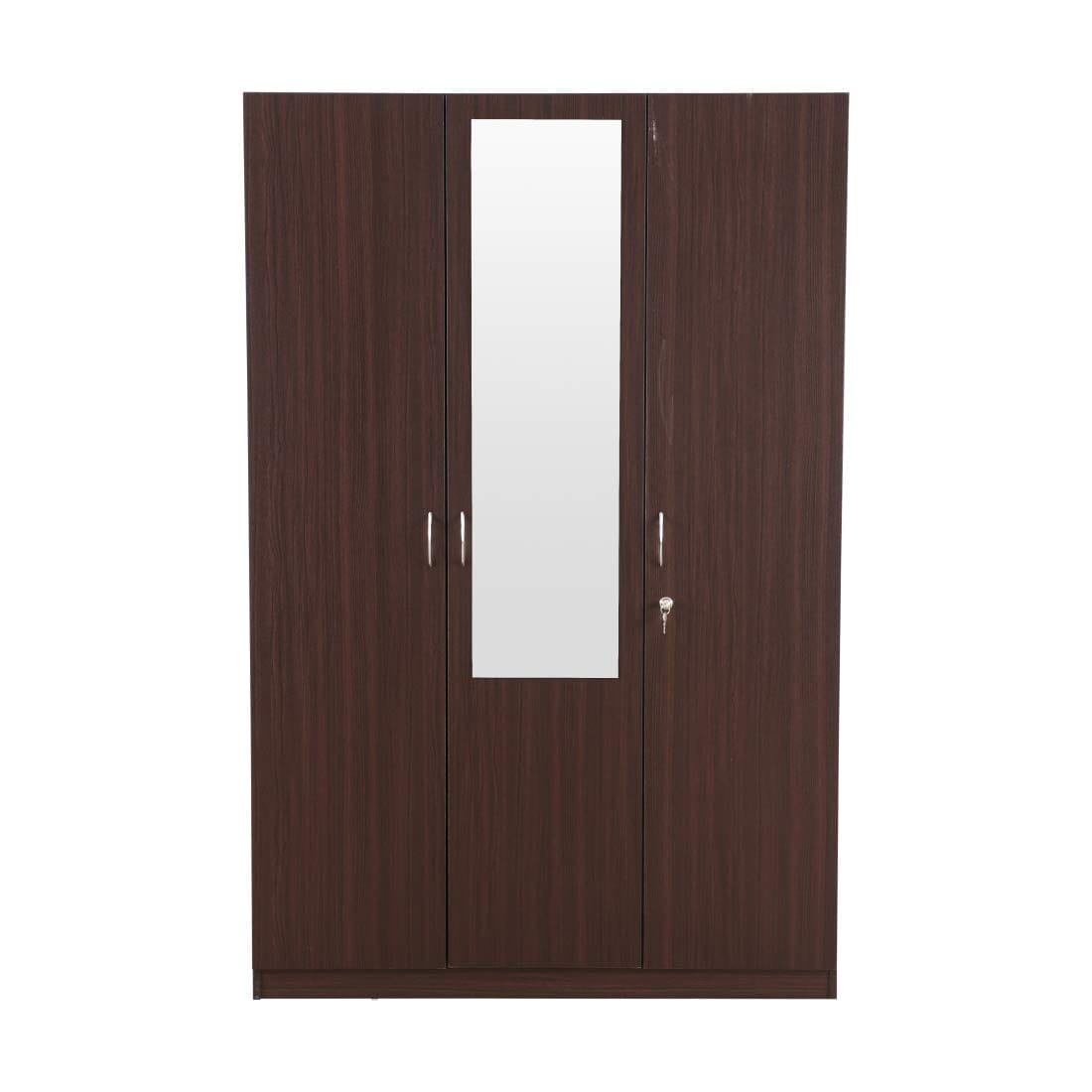 Walnut Colour 3 Door Wardrobe with Mirror,Drawer, Shelves and Hanging Space for Clothes | Wardrobe for Clothes | Cupboard | Almirah