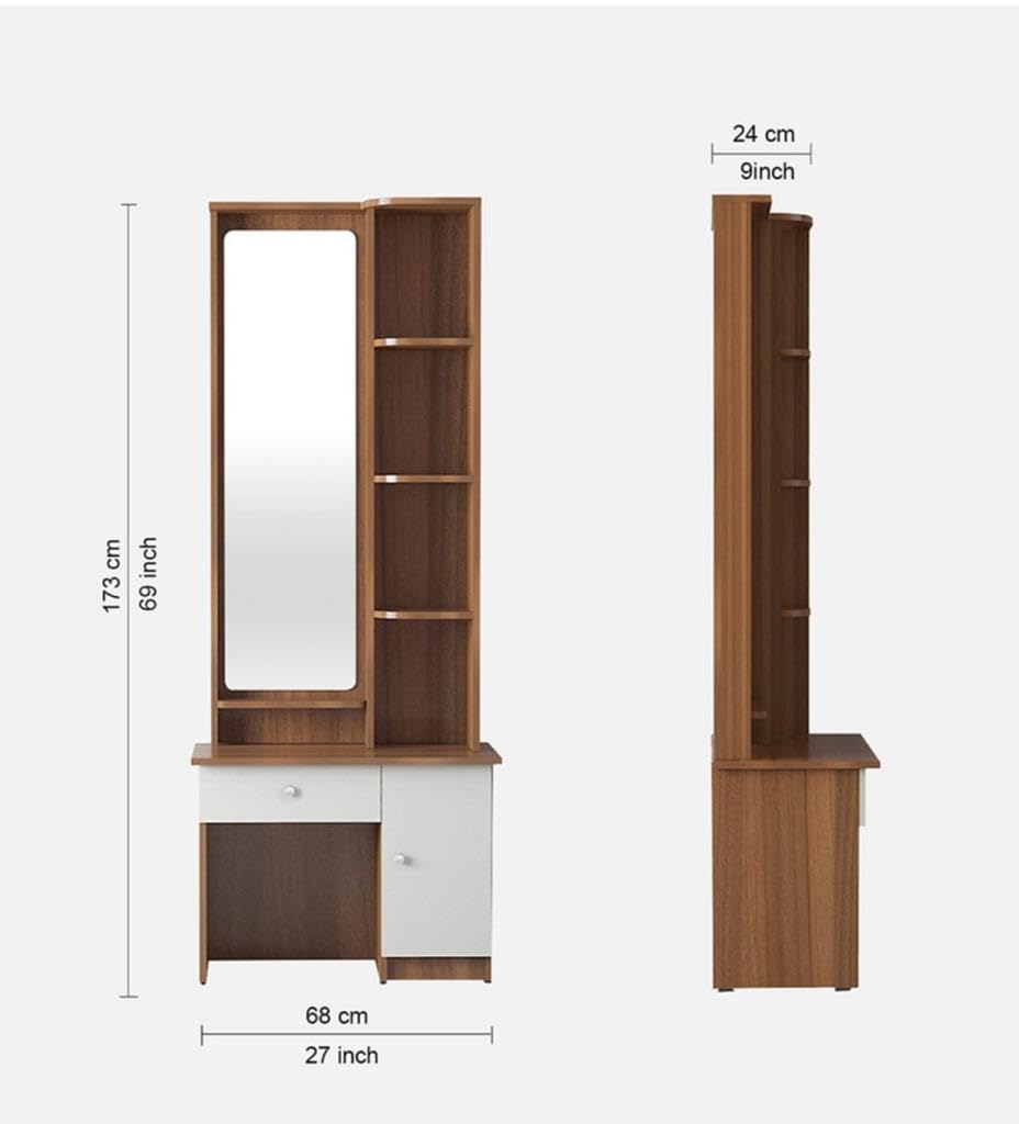 CASPIAN Furniture Engineered Wood Frosty White & Teak Colour Dressing Table with Puffy Table Mirror, 4 Shelves 5 Compatments & 2 Drawers || Dressing Table || Makeup Table || Bedroom Organizer