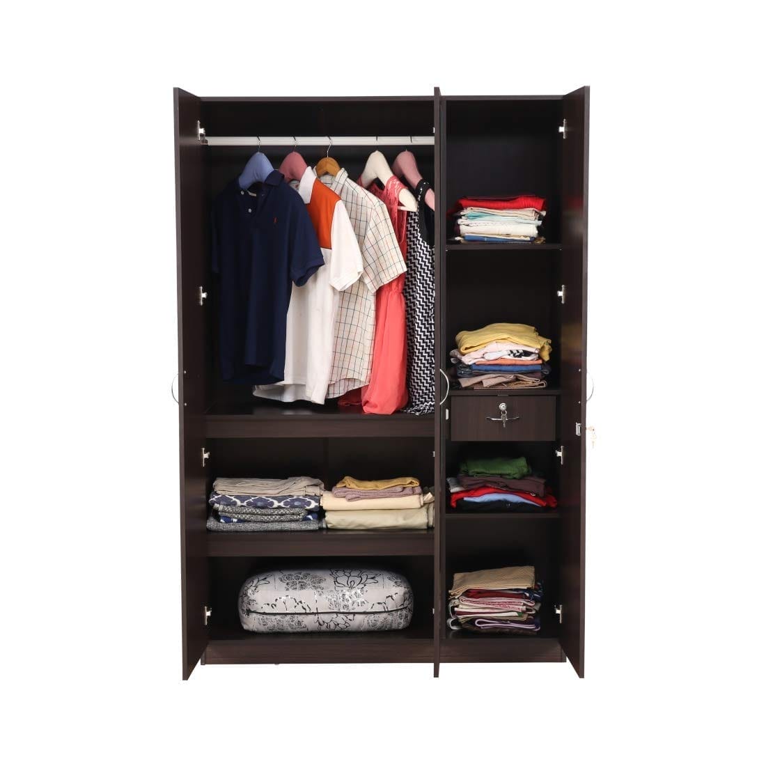 Walnut Colour 3 Door Wardrobe with Mirror,Drawer, Shelves and Hanging Space for Clothes | Wardrobe for Clothes | Cupboard | Almirah