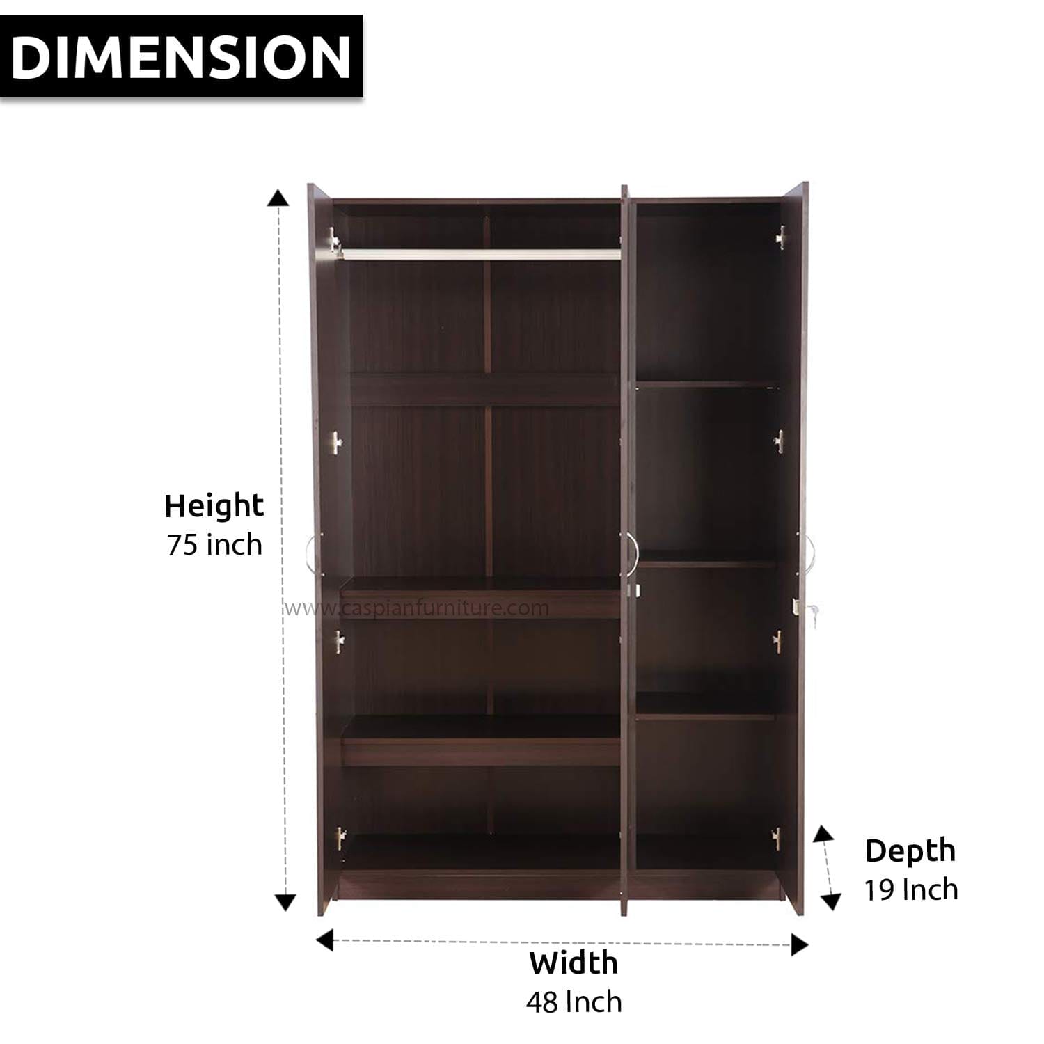 Walnut Colour 3 Door Wardrobe, Shelves and Hanging Space for Clothes | Wardrobe for Clothes | Cupboard | Almirah | Engineered Wooden Cupboard | Home Storage