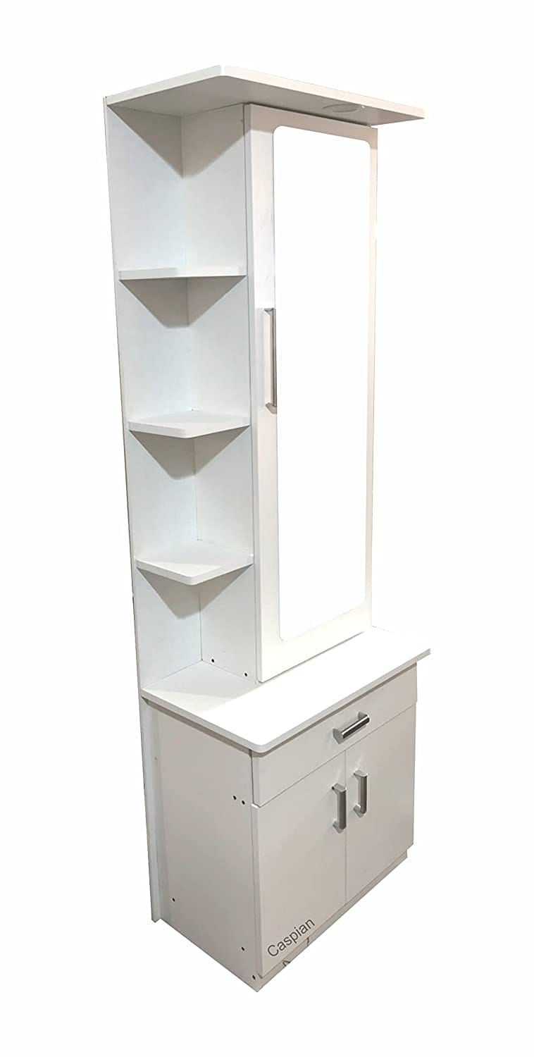 Engineered Wood Super White Colour Dressing Table with Mirror, Storage Shelves