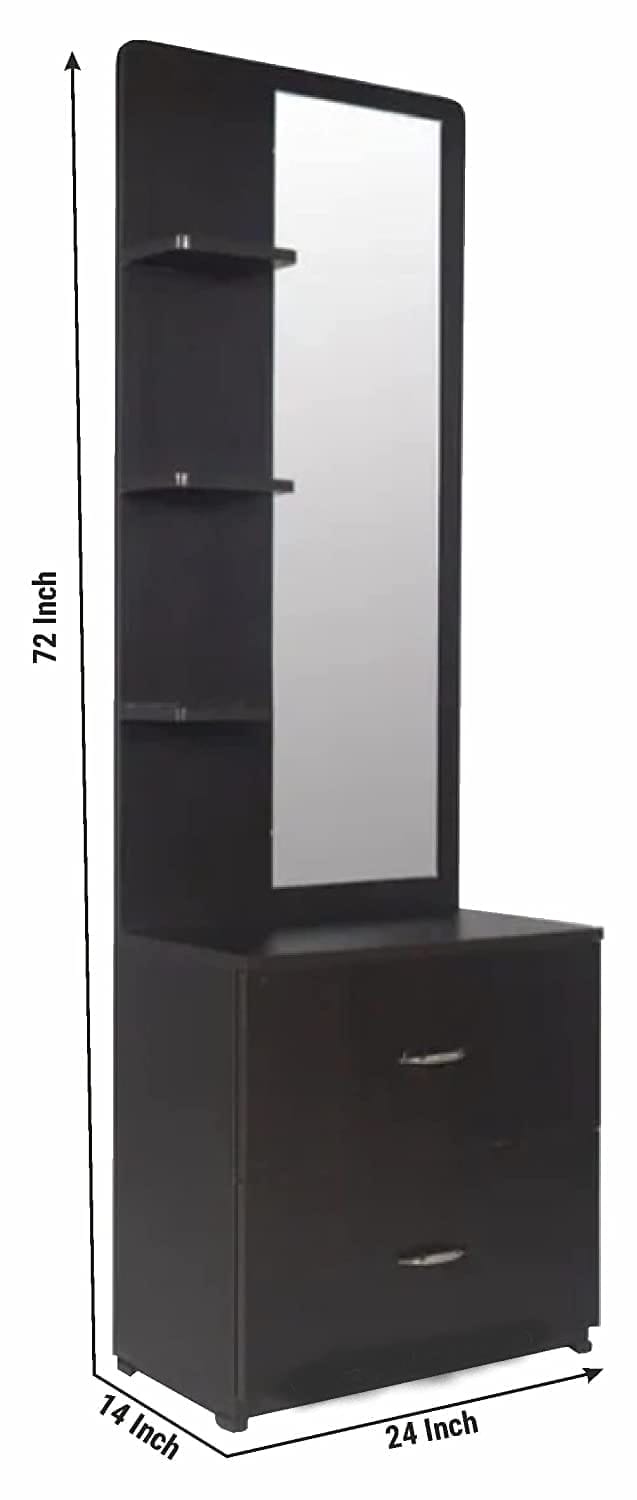 Coffee Brown Engineered Wood Dressing Table with 2 Drawers, Mirror and Open Shelves