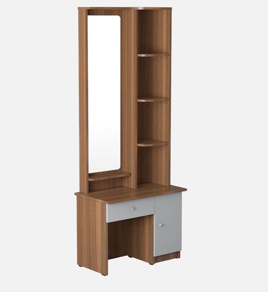 CASPIAN Furniture Engineered Wood Frosty White & Teak Colour Dressing Table with Puffy Table Mirror, 4 Shelves 5 Compatments & 2 Drawers || Dressing Table || Makeup Table || Bedroom Organizer