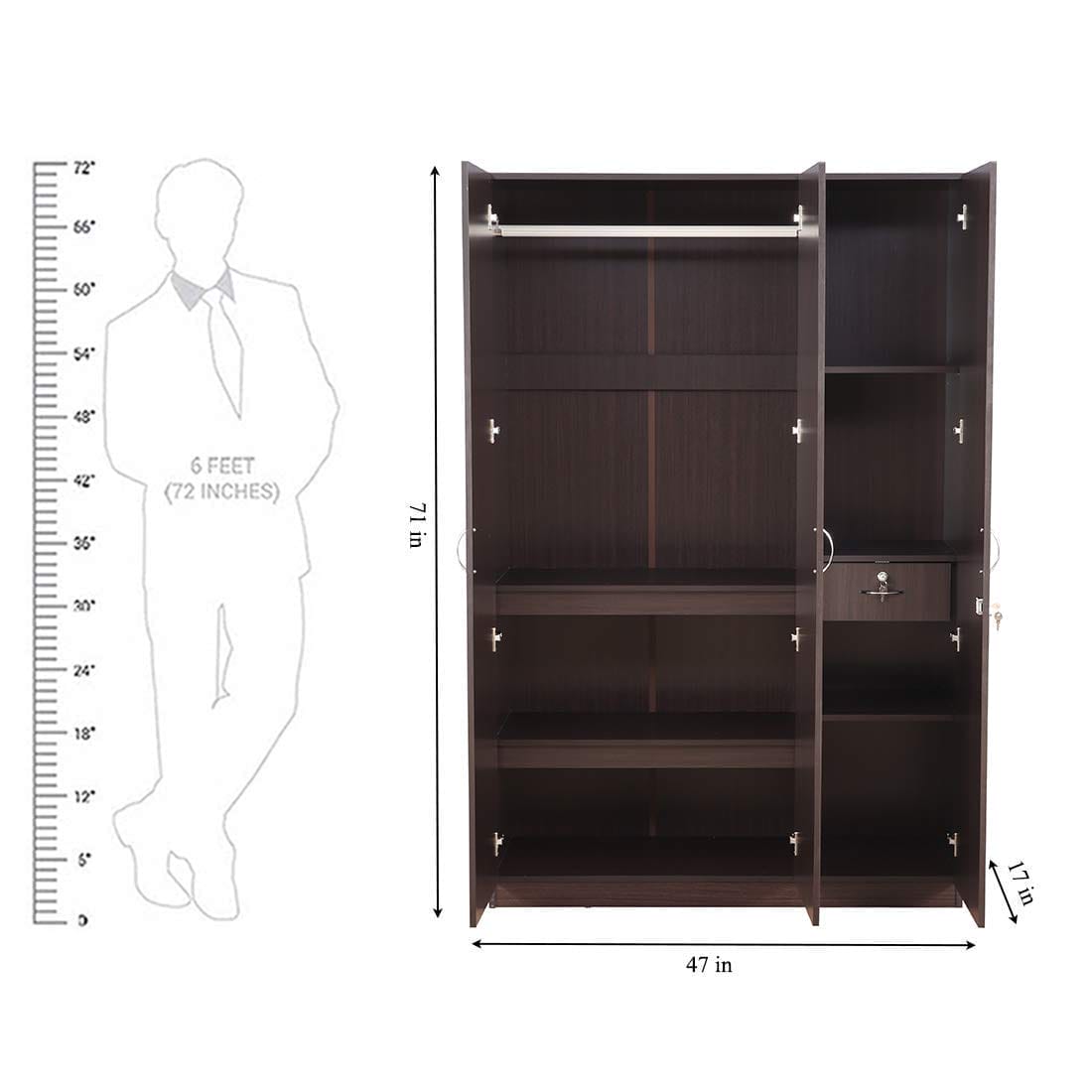 Walnut Colour 3 Door Wardrobe with Mirror,Drawer, Shelves and Hanging Space for Clothes | Wardrobe for Clothes | Cupboard | Almirah