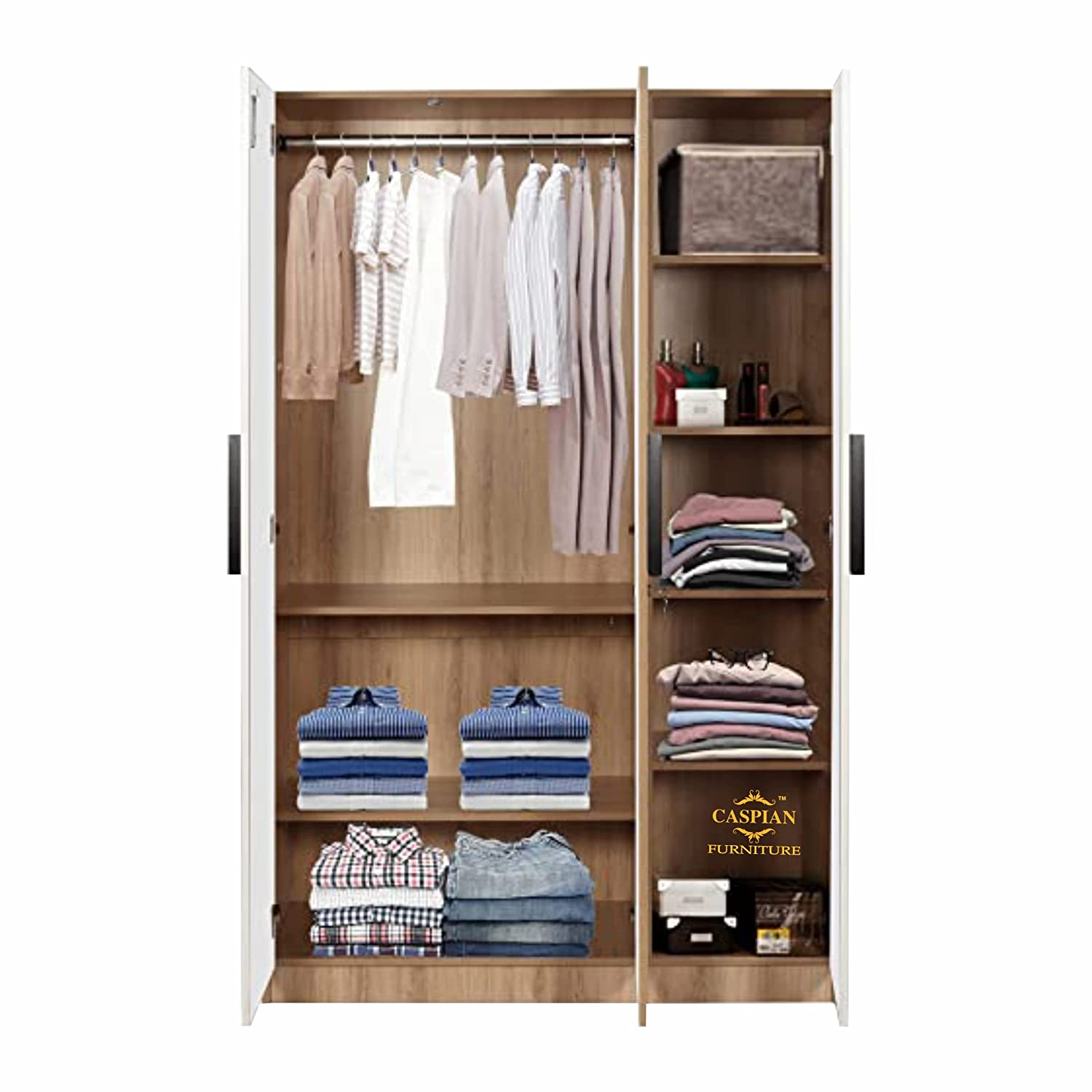 Engineered Wood 3 Door Wardrobe with Drawer, Shelves & Hanging Space for Clothes || Wooden Utility Cupboard