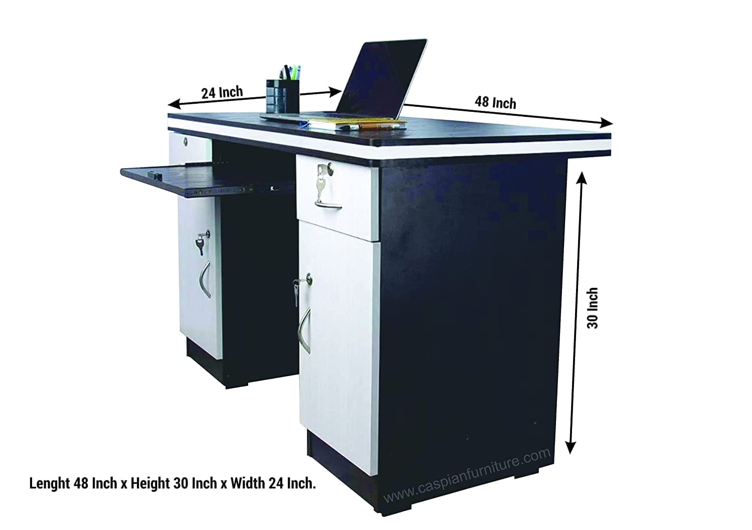 White and Coffee Brown Engineered Wood Study Table/Office Desk | Office Table with 2 Drawers, Keypad and Storage Cupboard | Size 48 x 30 x 24 inches