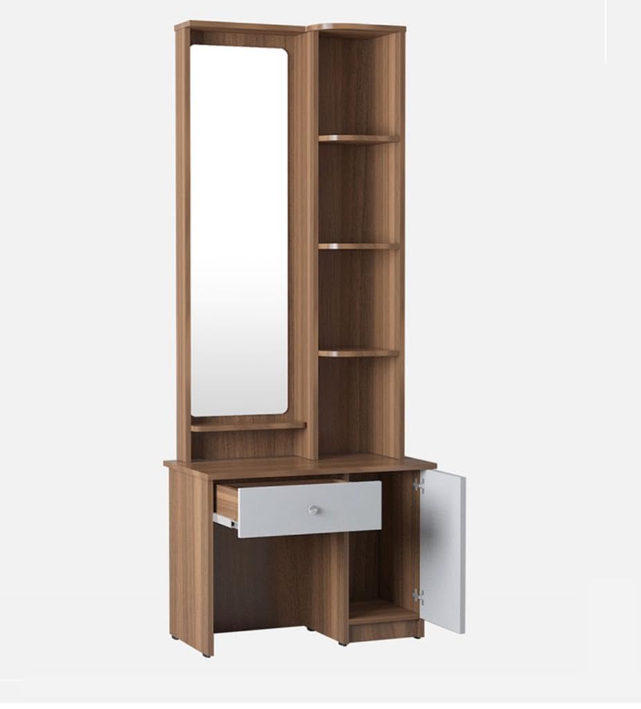 CASPIAN Furniture Engineered Wood Frosty White & Teak Colour Dressing Table with Puffy Table Mirror, 4 Shelves 5 Compatments & 2 Drawers || Dressing Table || Makeup Table || Bedroom Organizer