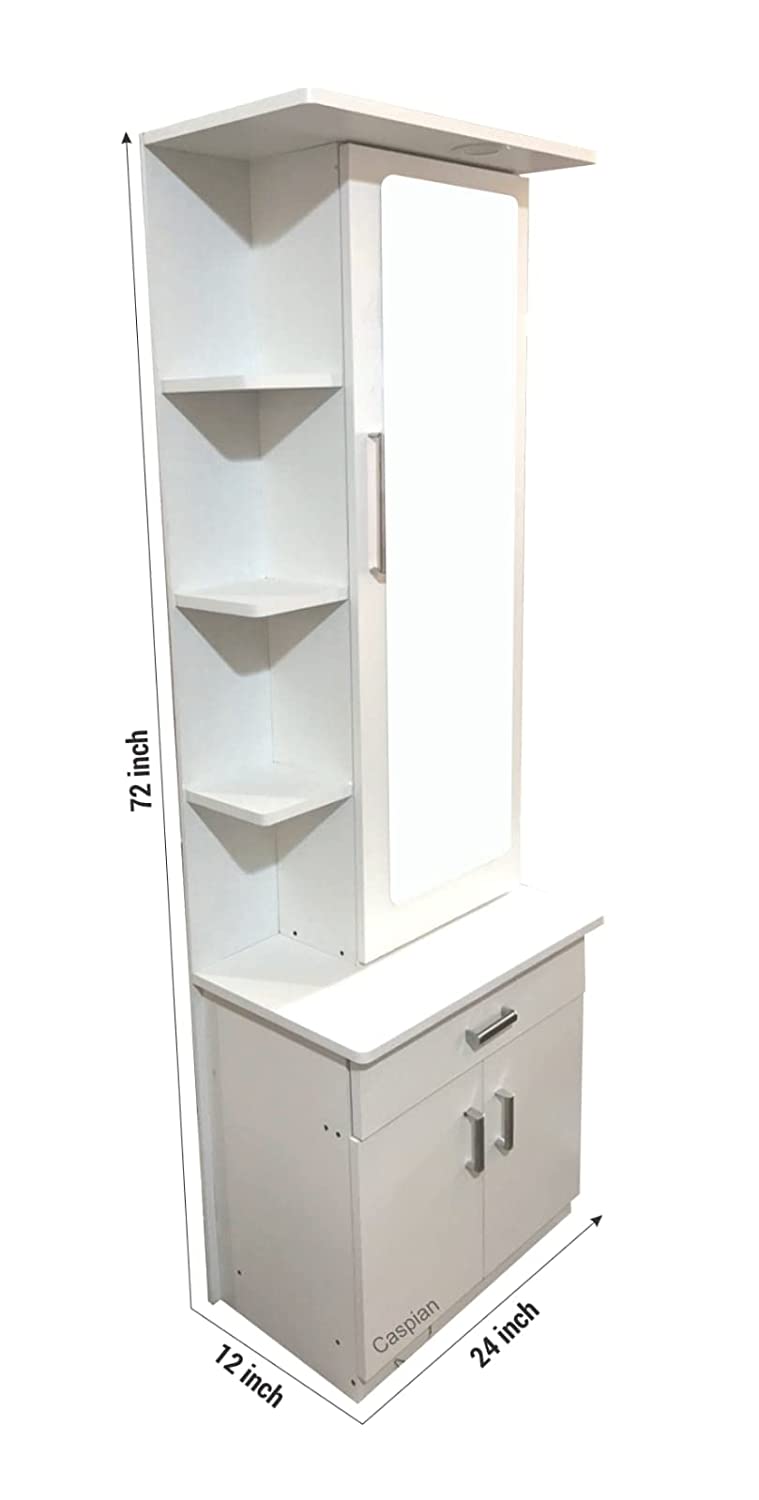 Engineered Wood Super White Colour Dressing Table with Mirror, Storage Shelves