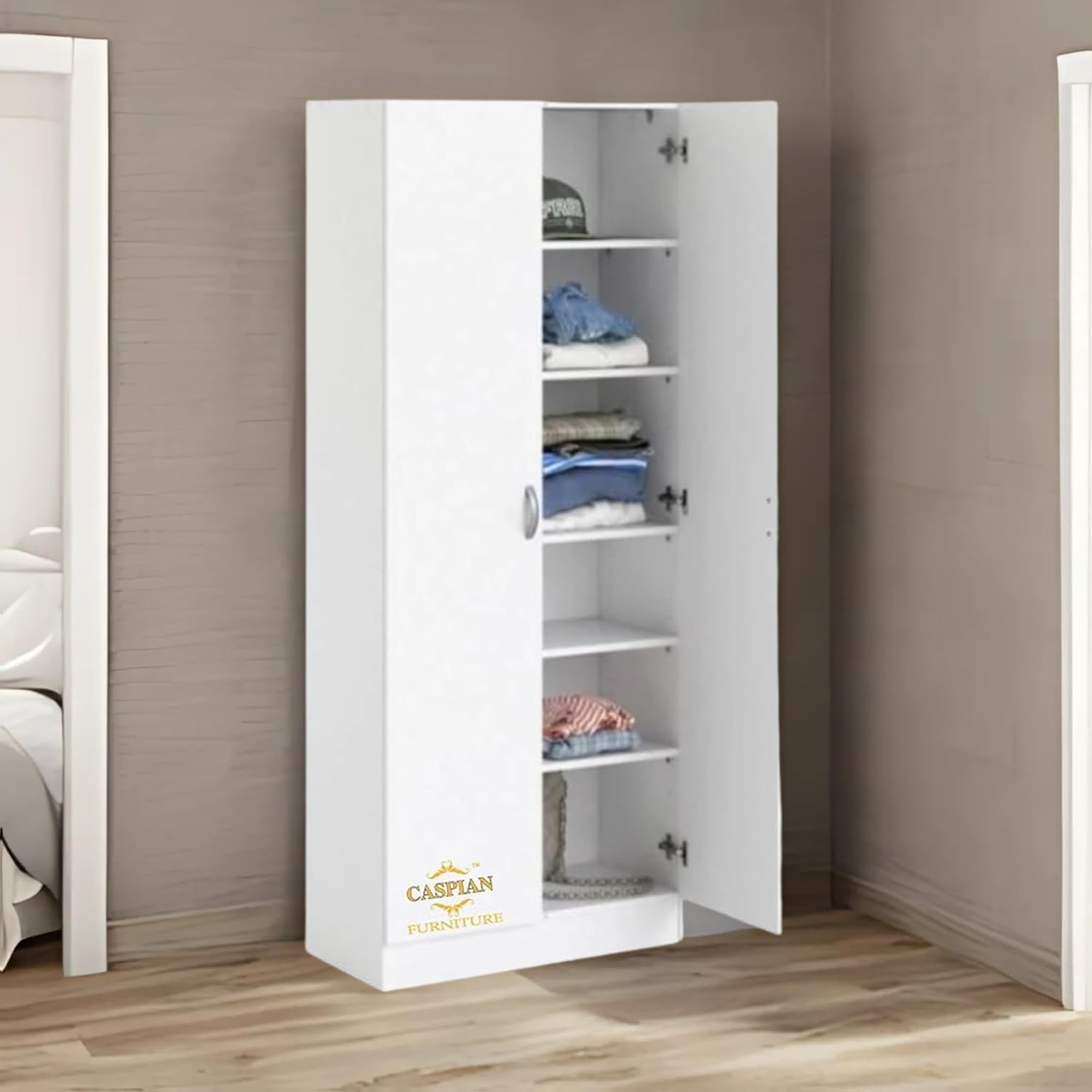 Super White Texture 2 Door Wardrobe/Cupboard with 6 Shelves | Wardrobe for Bedroom/Kitchen Organizer/Clothes Cabinet