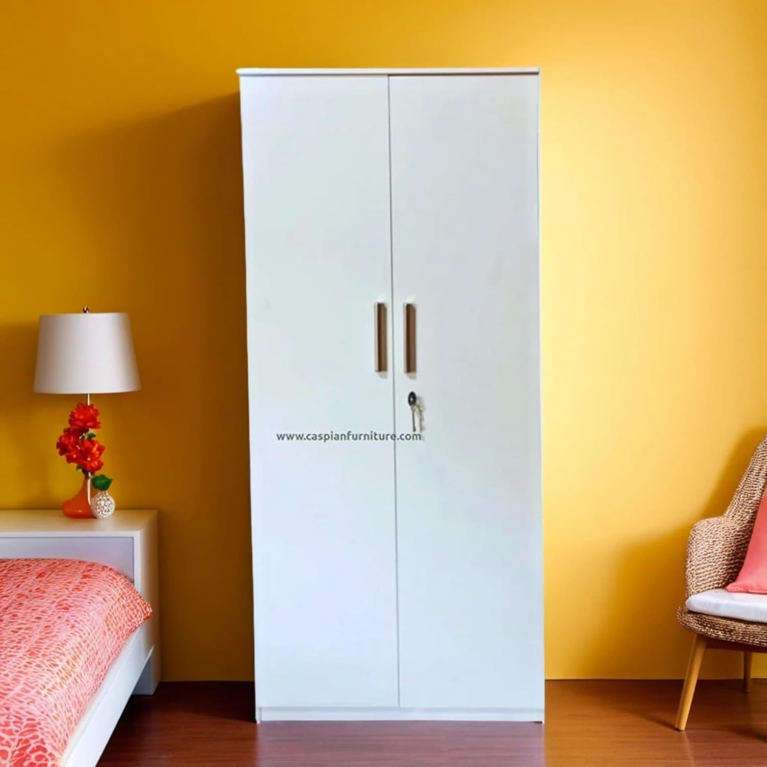 Super White Texture 2 Door Wardrobe/Cupboard with 5 Shelves and Drawer | Wardrobe for Bedroom