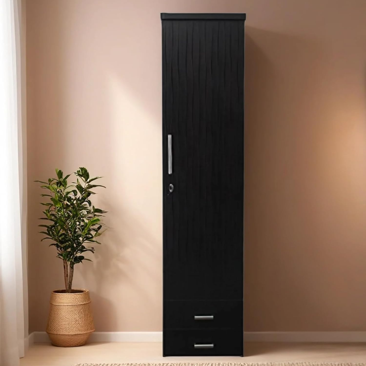 Engineered Wood Textured Single Door Wardrobe ( Black , 1 Door)