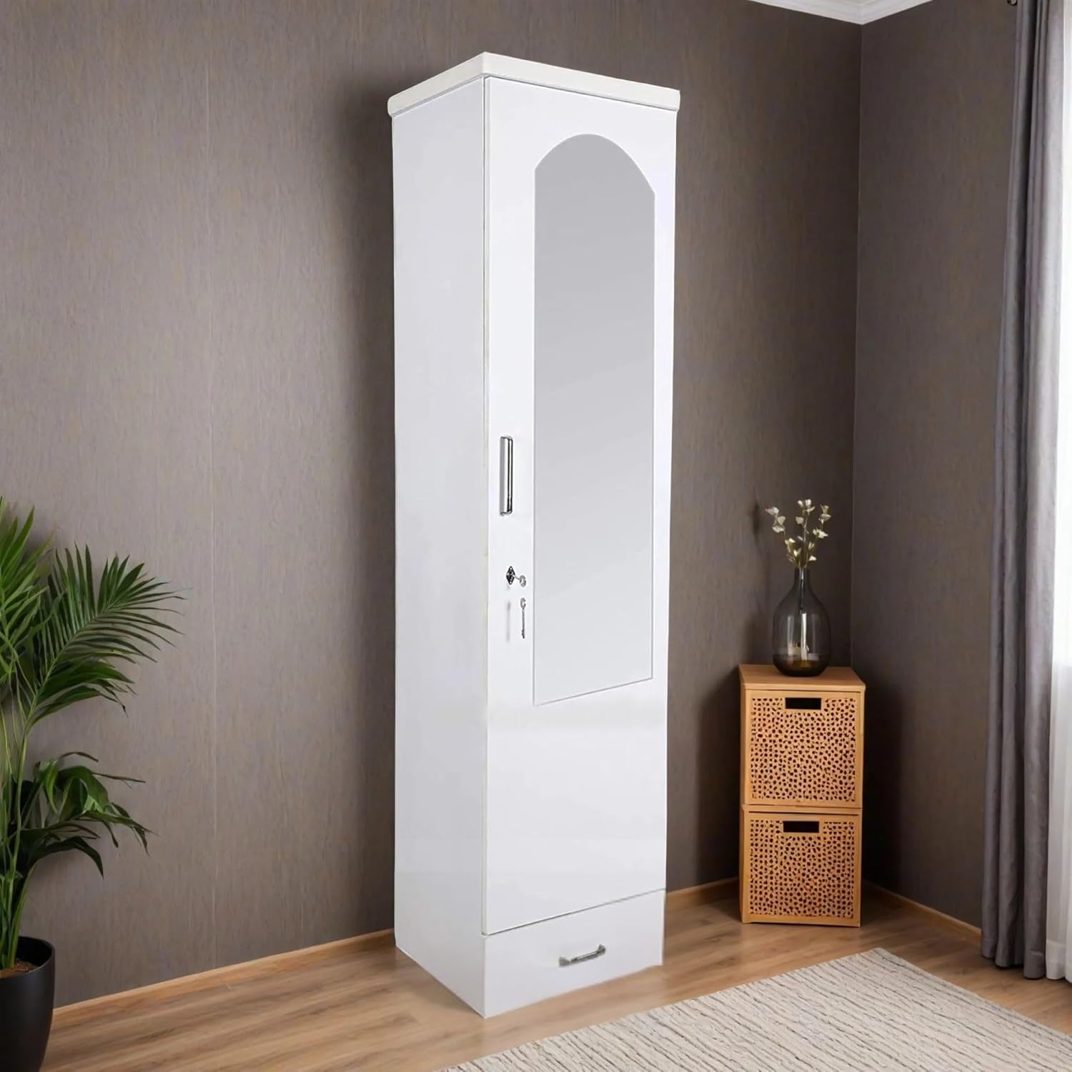Single Door Wardrobe with 3 Shelves, 2 Drawers and Mirror for Bedroom
