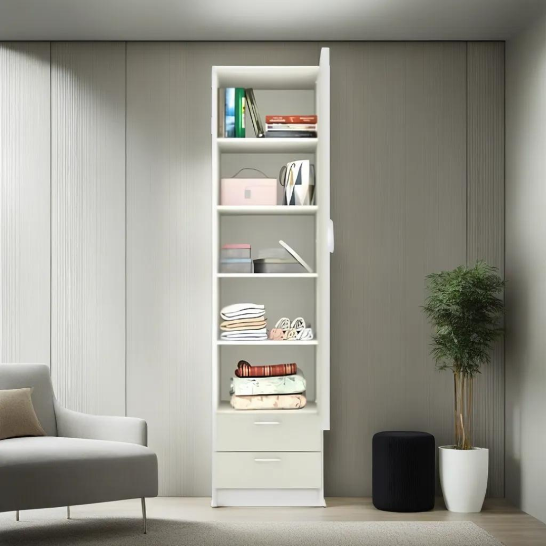 Super White Engineered Wood Single Door Wardrobe/Cupboard with 4 Shelves