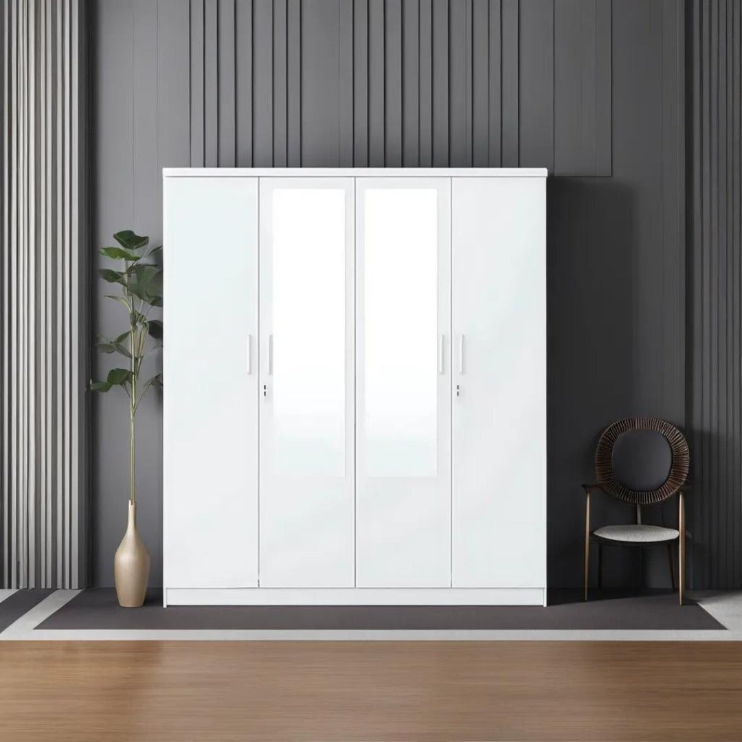 Super White 4 Door Wardrobe with 2 Mirrors|Wardrobe for 2 Persons |Drawers and Lock, 3 Shelves and Hanging Space for Clothes(60