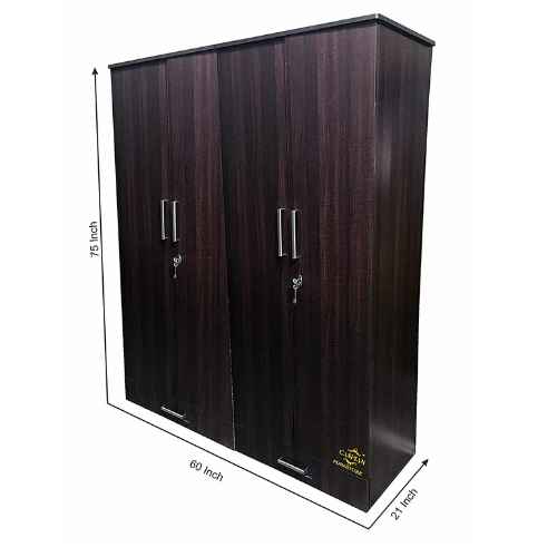 Engineered Wood 4 Door Wardrobe with Locker, Drawers and Hanging Space for Bedroom, Clothes - Black Wenge Finish, 75 x 60 x 19 Inch