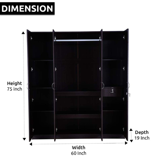 Engineered Wood 4 Door Wardrobe with Shelves and Hanging Space for Clothes || Wooden Storage Cupboard