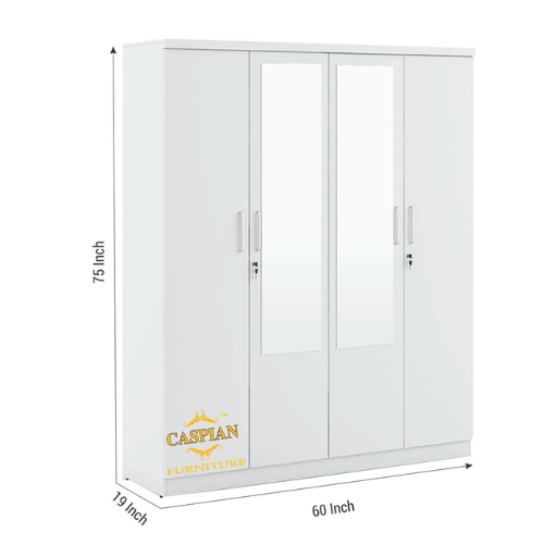 Super White 4 Door Wardrobe with 2 Mirrors|Wardrobe for 2 Persons |Drawers and Lock, 3 Shelves and Hanging Space for Clothes(60