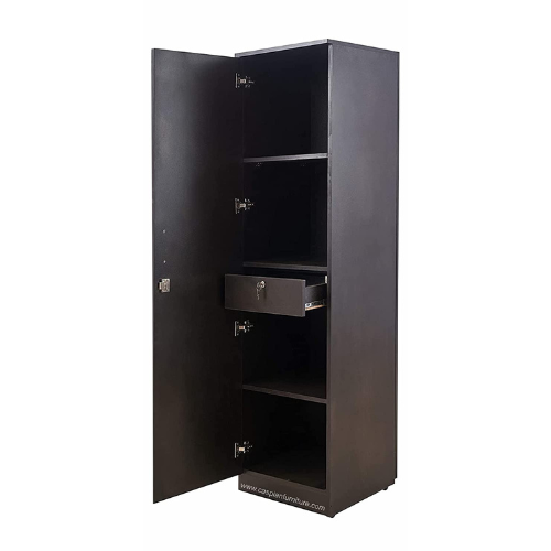 Coffee Brown Engineered Wood Single Door Wardrobe/Cupboard 4 Compartments, Drawer and Hanging Space for Clothes