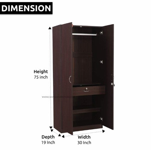 Walnut 2 Door Wardrobe with Mirror 2 Shelves and Hanging Space for Clothes |2 Door Wardrobe for Bedroom