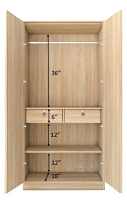 Rolex Light Colour 2 Door Wardrobe for Bedroom with 2 Drawers, 3 Shelves and Hanging Space for Clothes | Cupboard for Home
