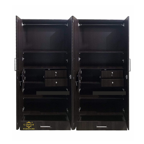 Engineered Wood 4 Door Wardrobe with Locker, Drawers and Hanging Space for Bedroom, Clothes - Black Wenge Finish, 75 x 60 x 19 Inch