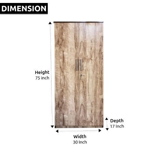 African Wood Textured 2 Door Wardrobe with 3 Shelves, Drawer and Hanging Space for Clothes | Wardrobe for Bedroom