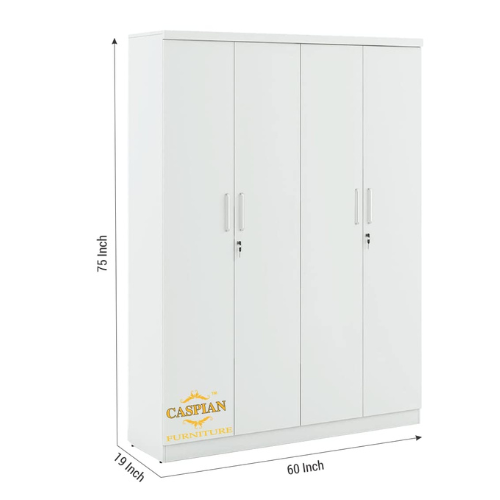 Super White Engineered Wood Drawers and Lock, 3 Shelves and Hanging Space 4 Door Wardrobe Without Mirror