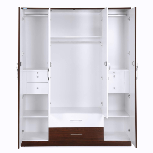 4 Door White and Brown Wardrobe for Bedroom with Drawers, Shelves and Hanging Space | 4 Door Wardrobe for Clothes Wooden Furniture