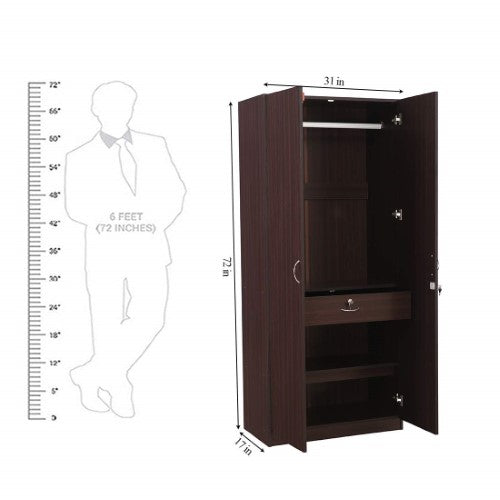 Walnut 2 Door Wardrobe with Mirror 2 Shelves and Hanging Space for Clothes |2 Door Wardrobe for Bedroom