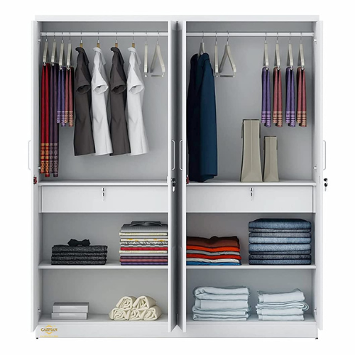 Super White 4 Door Wardrobe with 2 Mirrors|Wardrobe for 2 Persons |Drawers and Lock, 3 Shelves and Hanging Space for Clothes(60