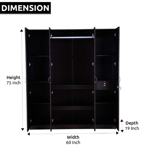Engineered Wood 4 Door Wardrobe with Drawers, Shelves, 2 Mirrors and Hanging Space for Clothes