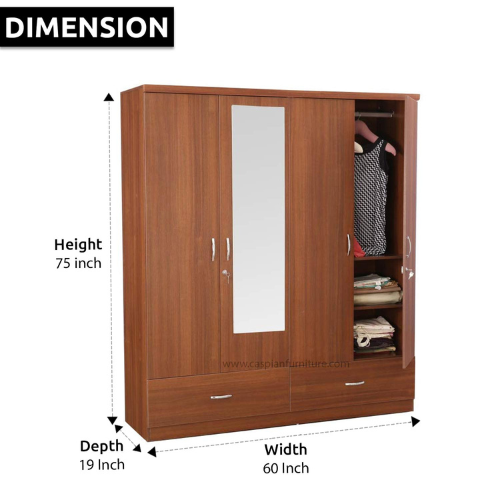 4 Door Wardrobe for Bedroom with Mirror, Drawers, Shelves and Hanging Space | 4 Door Wardrobe for Clothes Wooden Furniture