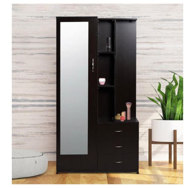 CASPIAN Engineered Wood 1 Door Vanity Dressing Table Cum Wardrobe (Rainforest Dark) | Pre Assembled Cupboard/Almirah Furniture with Mirror | Bedroom Clothes Storage Organizer with 5 Shelves