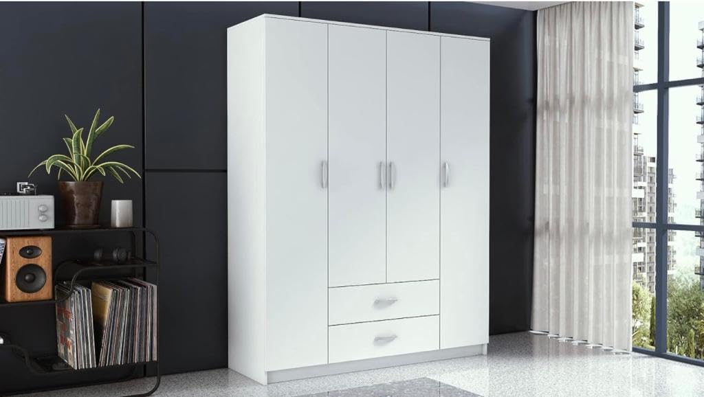 CASPIAN Furniture 4 Door Wardrobe for Bedroom in White Colour | 75 x 60 x 21 inches | Cupboard for Home | Wooden Furniture