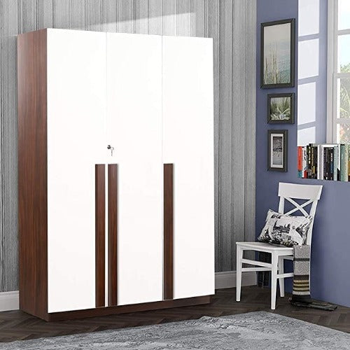 White and Brown Textured 3 Door Wardrobe with Drawer, Shelves and Hanging Space for Clothes
