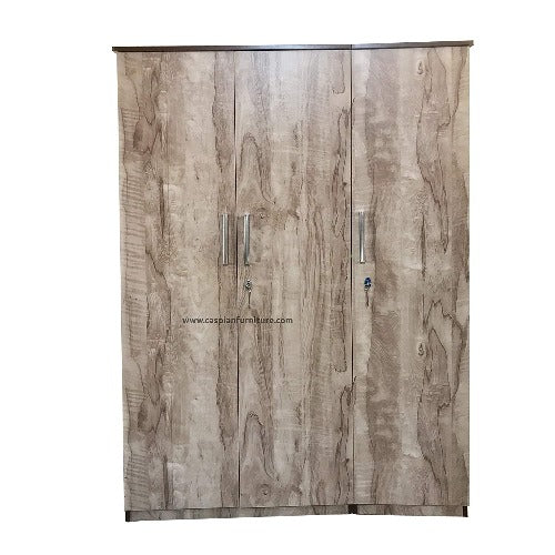 African Wood Textured 3 Door Wardrobe for Bedroom with Shelves and Drawer | 3 Door Wardrobe for Clothes
