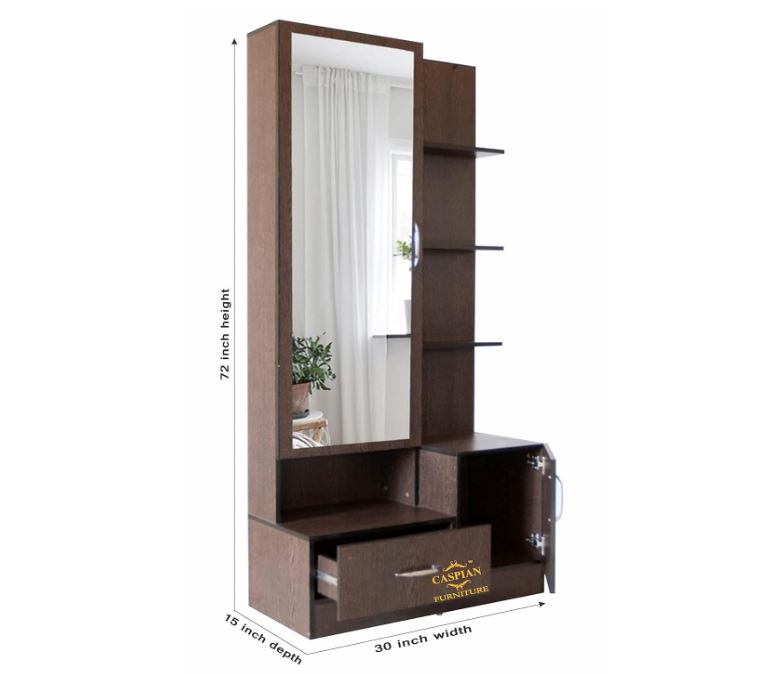 CASPIAN Engineered Wood Single Door Wooden Vanity Dressing Table (Brown) | Pre-Assembled Furniture with Mirror | Makeup & Accessories Storage Organizer with 4 Shelves, 1 Cabinet & 1 Drawer
