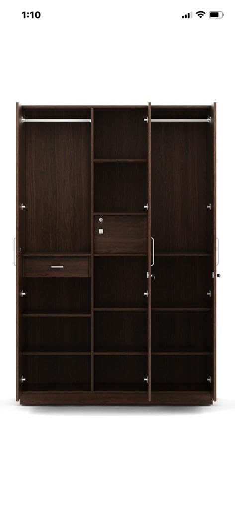 Caspian Engineered Wood 3 Door Wardrobe with Drawer, Shelves & Hanging Space for Clothes || Wooden Utility Cupboard || 3 Door Home Storage Almirah || Finish Color (Brown with Mirror)