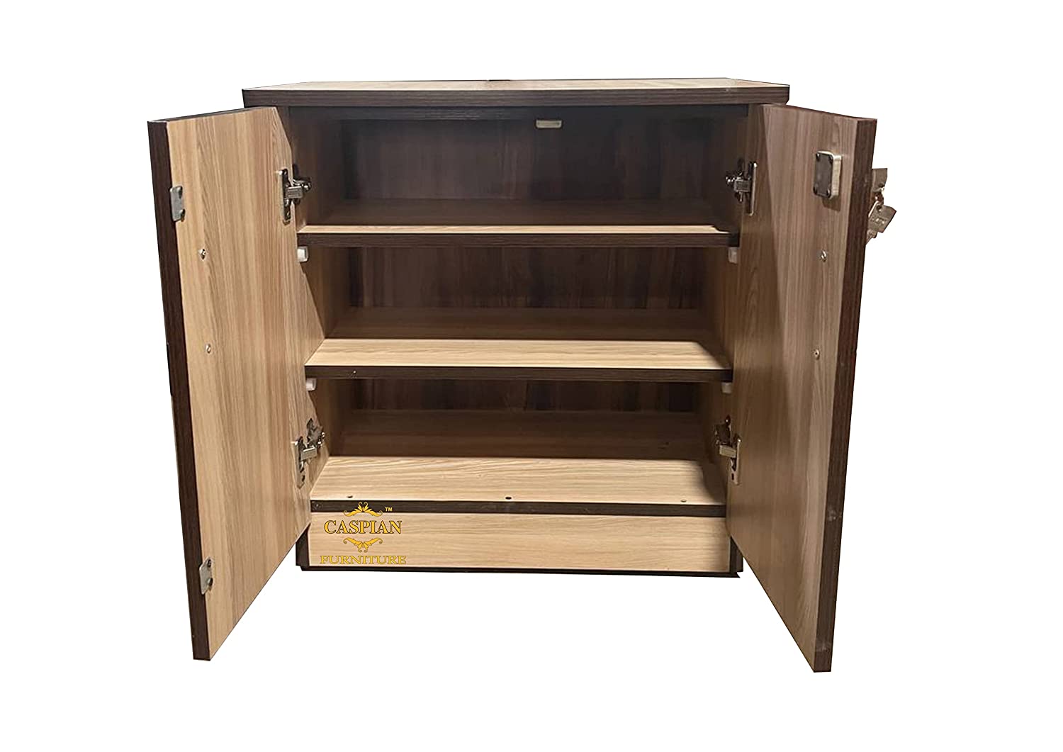 Engineered Wood 3 Tier Shoe Rack in Siam Teak Finish| Shoe Cabinet | Hall Way Furniture | Outdoor Cabinet with Lock | Size 24 x 24 inches