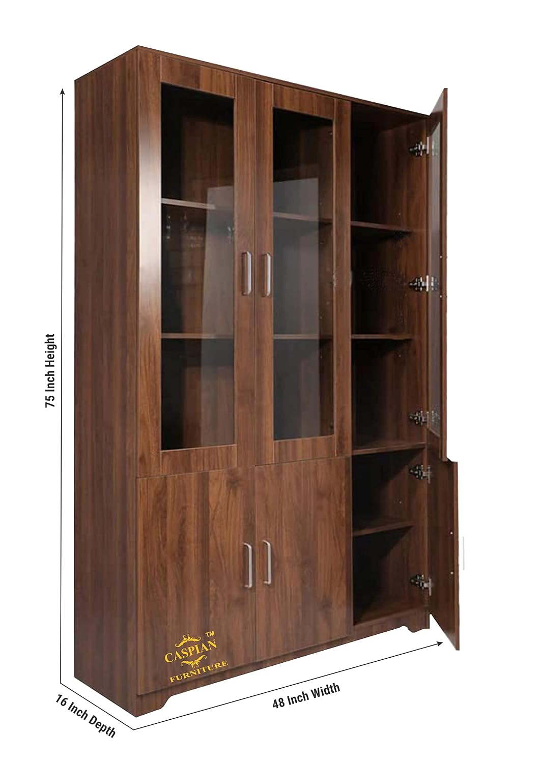 CASPIAN 3 Door Multipurpose Wooden Cabinet (Brown) | Glass Door Showcase | Engineered Wood | Use as Kids cupboards, Bookshelf & Kitchen Crockery Unit | for Bedroom, Living & Study Room, Home & Office