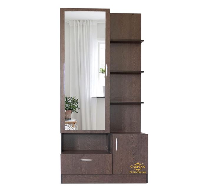 CASPIAN Engineered Wood Single Door Wooden Vanity Dressing Table (Brown) | Pre-Assembled Furniture with Mirror | Makeup & Accessories Storage Organizer with 4 Shelves, 1 Cabinet & 1 Drawer