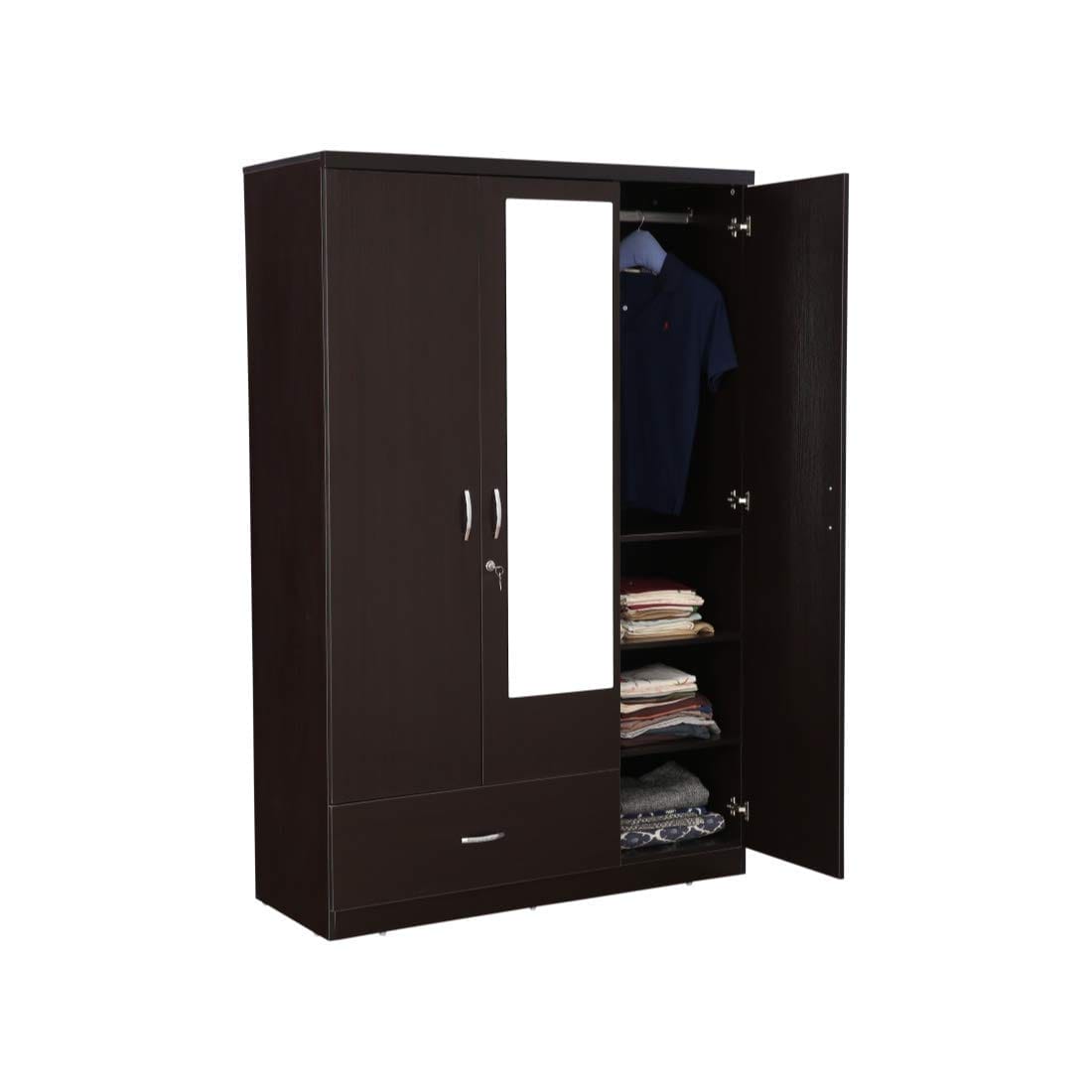Walnut Colour 3 Door Wardrobe With 2 Drawers , Shelves And Hanging Space For Clothes | Wardrobe For Clothes