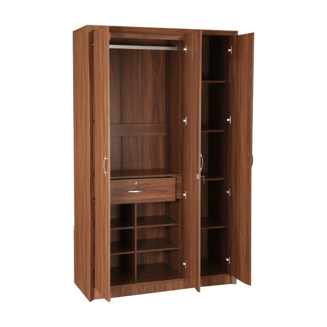 Light Brown Colour 3 Door Wardrobe, Drawer, Shelves and Hanging Space for Clothes