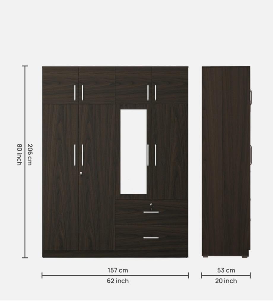 CASPIAN Furniture 4 Door Wardrobe for Bedroom with Loft and Mirror (Rainforest Dark) (Size 80 x 62 x 20 inches)